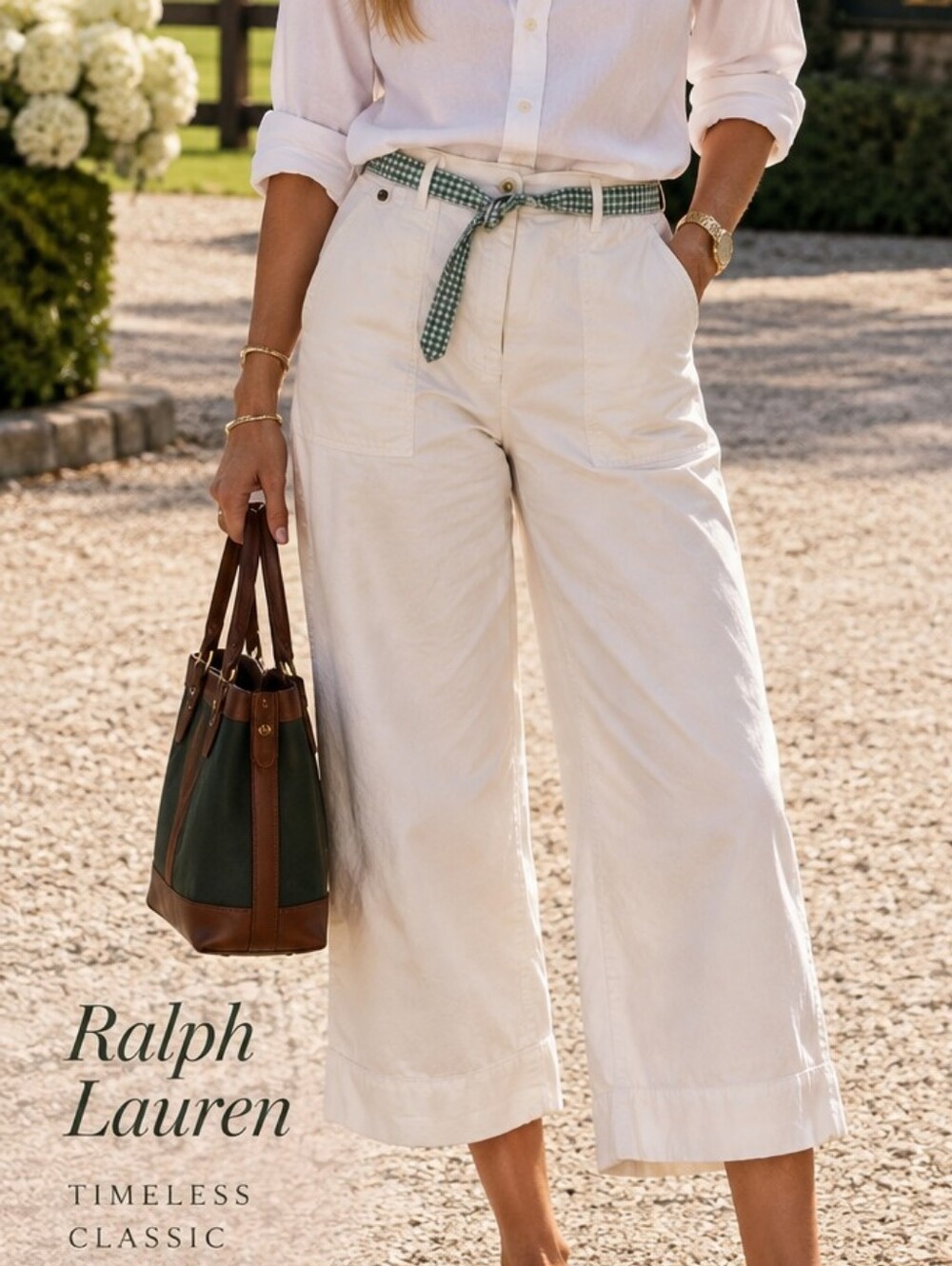 Ralph Lauren Wide Leg Cropped Utility Pants W/ Ginham Belt Preppy Timeless
